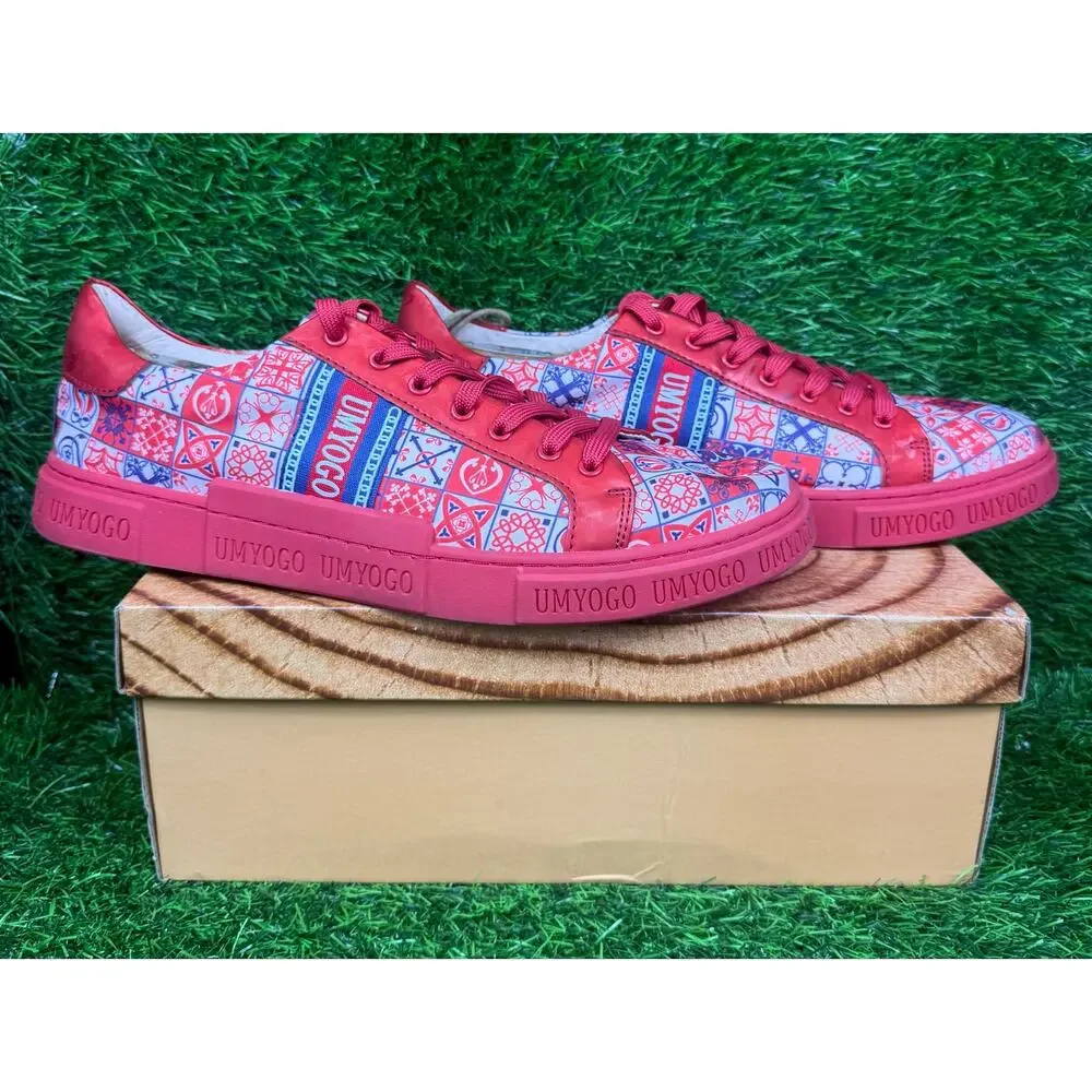 UMYOGO Mens EU 46 USA 12 Red Blue Geometric Graphic Print Low Top Sneakers